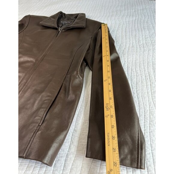 Portrait Petite Medium Brown Leather Jacket Zip Front Lined Pockets NEW Office - Picture 8 of 11